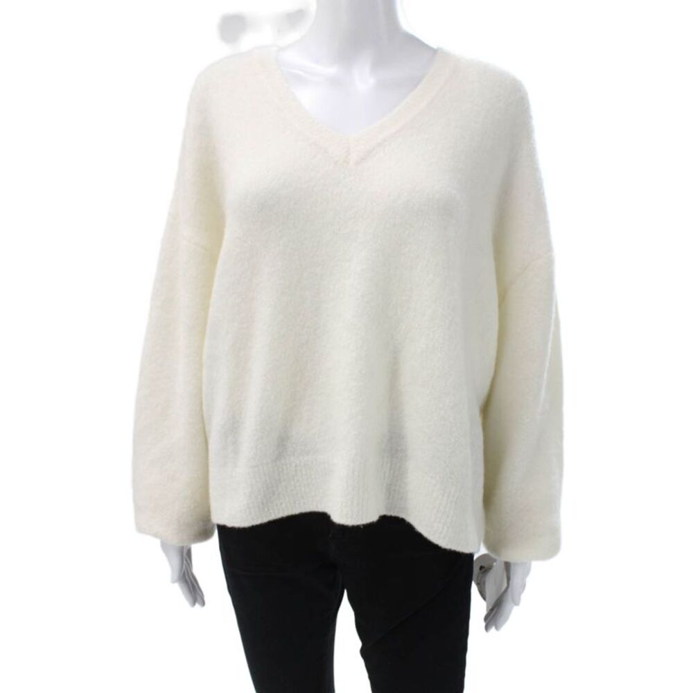 Colorush Women Merino Wool V-Neck Pullover Sweater White Long Sleeve Size 4